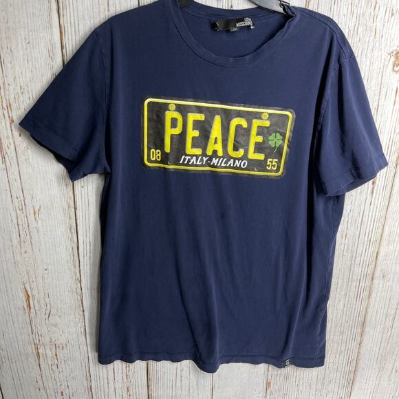 Love Moschino Men 3XL Peace T-Shirt Graphic Short Sleeve Crew Neck‎ Blue STAINS - Picture 1 of 8